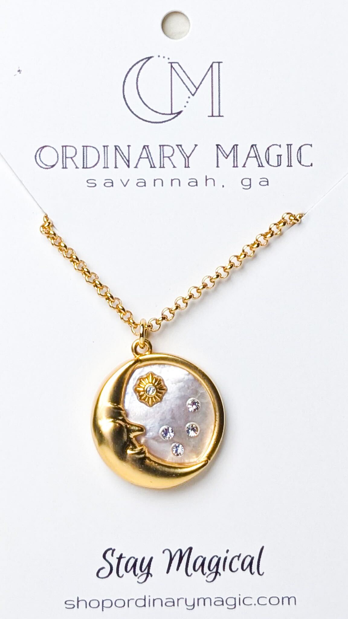 Inlaid Cz & Shell 18K Gold Plated Moon charm necklace