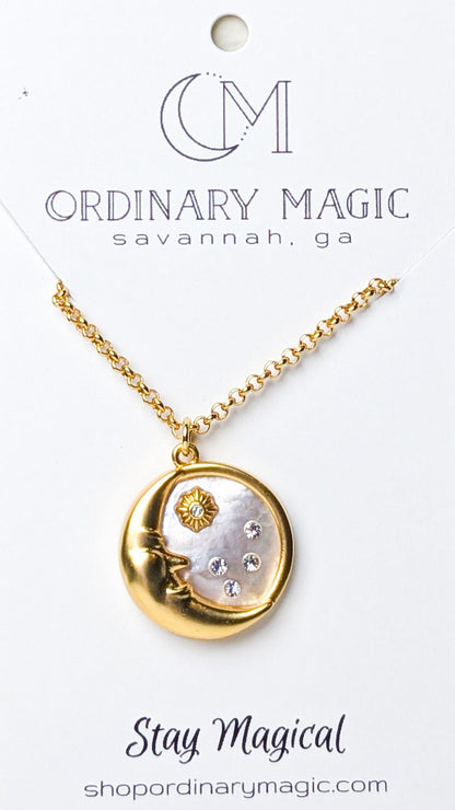 Inlaid Cz & Shell 18K Gold Plated Moon charm necklace