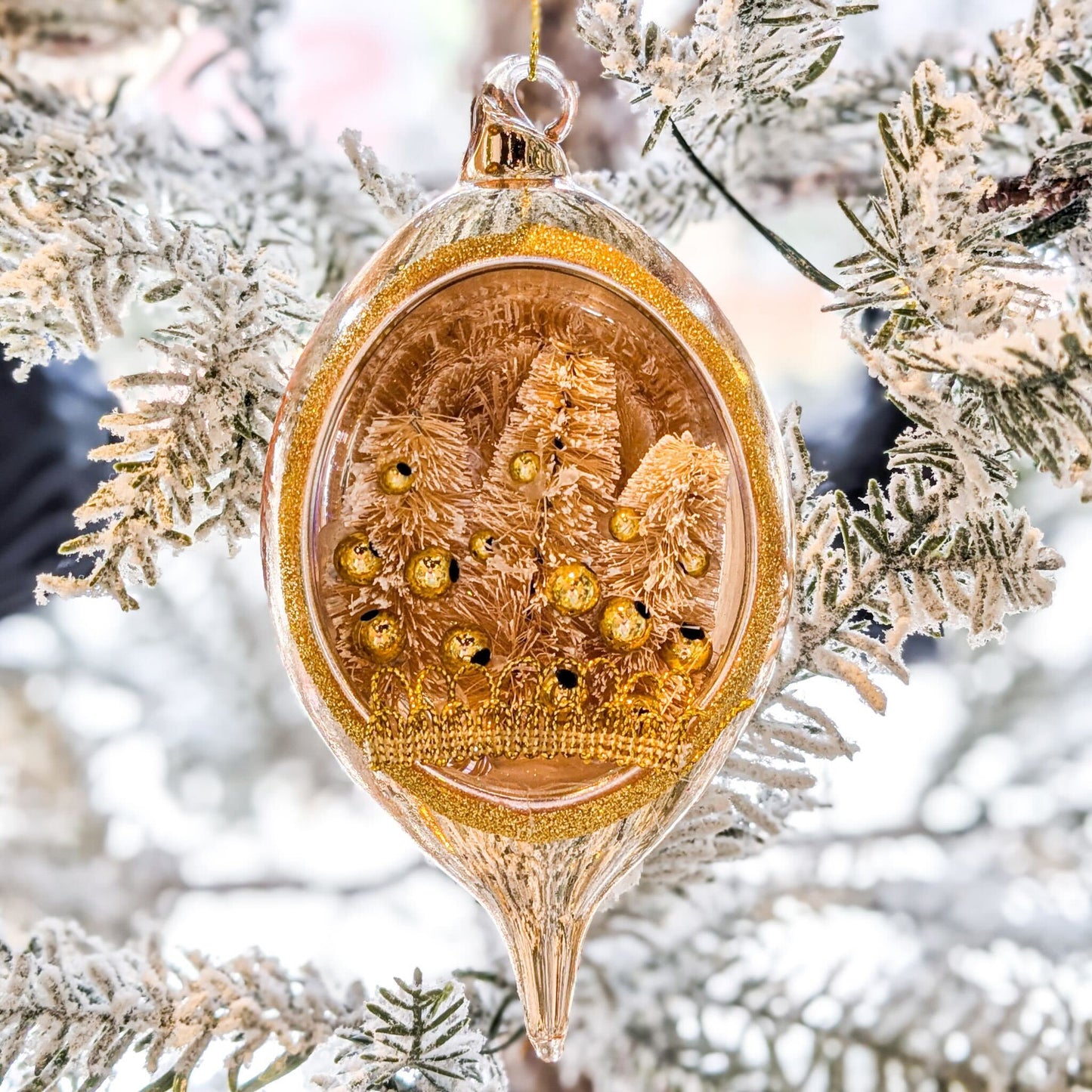 Victorian Gold Glass Sisal Winter Forest Scene Ornament
