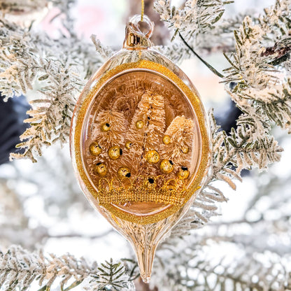Victorian Gold Glass Sisal Winter Forest Scene Ornament