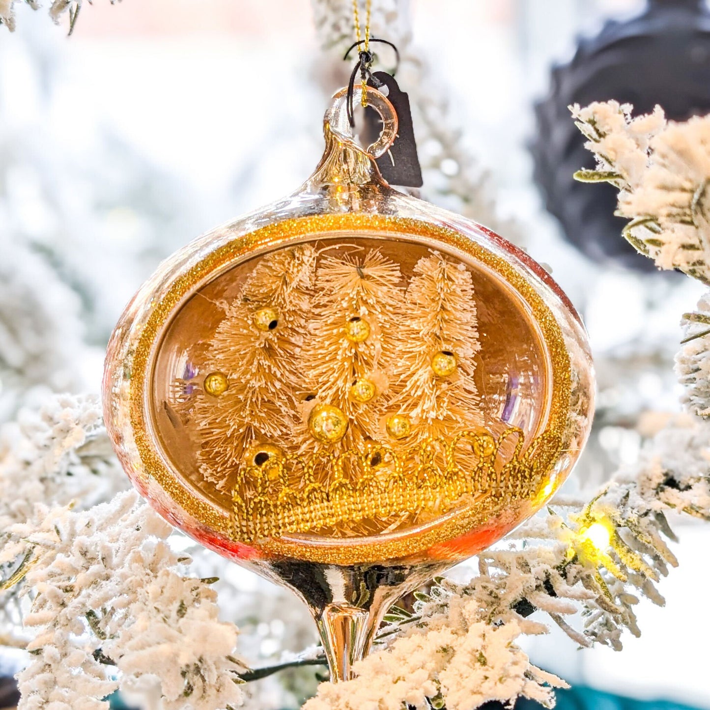 Victorian Gold Glass Sisal Winter Forest Scene Ornament