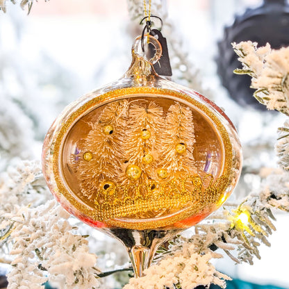 Victorian Gold Glass Sisal Winter Forest Scene Ornament