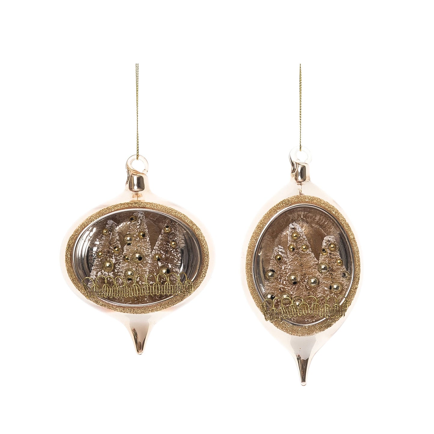 Victorian Gold Glass Sisal Winter Forest Scene Ornament