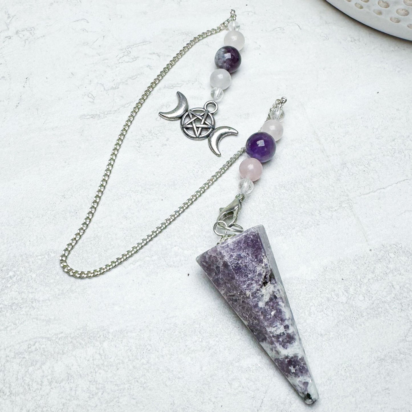 Hexagonal Lepidolite Pendulum with Triple Moon