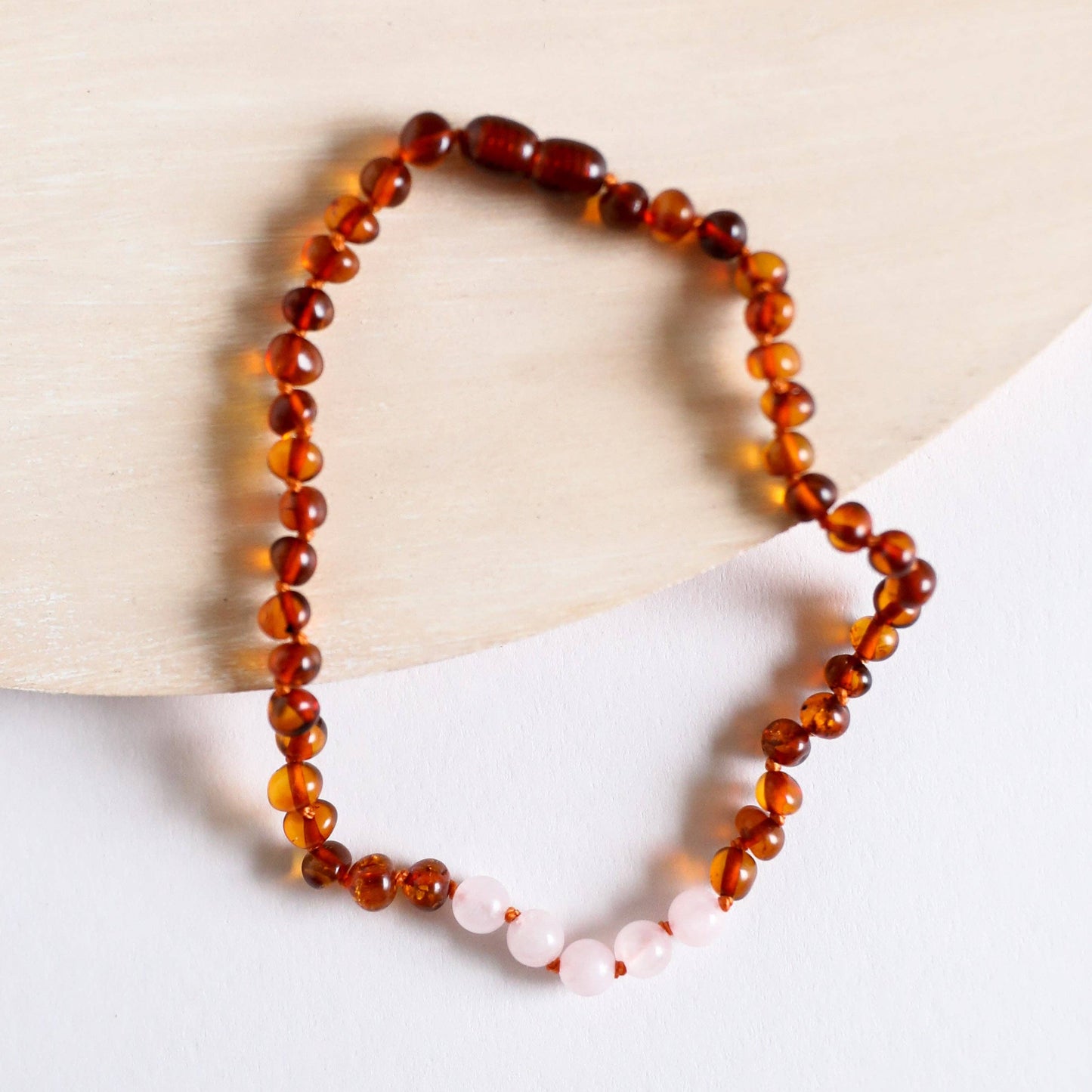 Polished Cognac Baltic Amber + Rose Quartz || Necklace