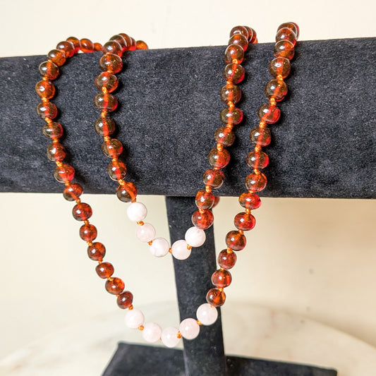 Polished Cognac Baltic Amber + Rose Quartz || Necklace