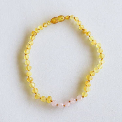 Raw Honey Baltic Amber + Rose Quartz || Necklace