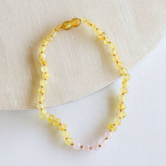 Raw Honey Baltic Amber + Rose Quartz || Necklace
