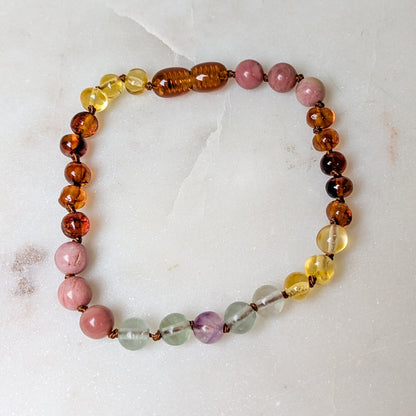 The Baltic Sea amber and stone rainbow anklet or bracelet, alternate angle.
