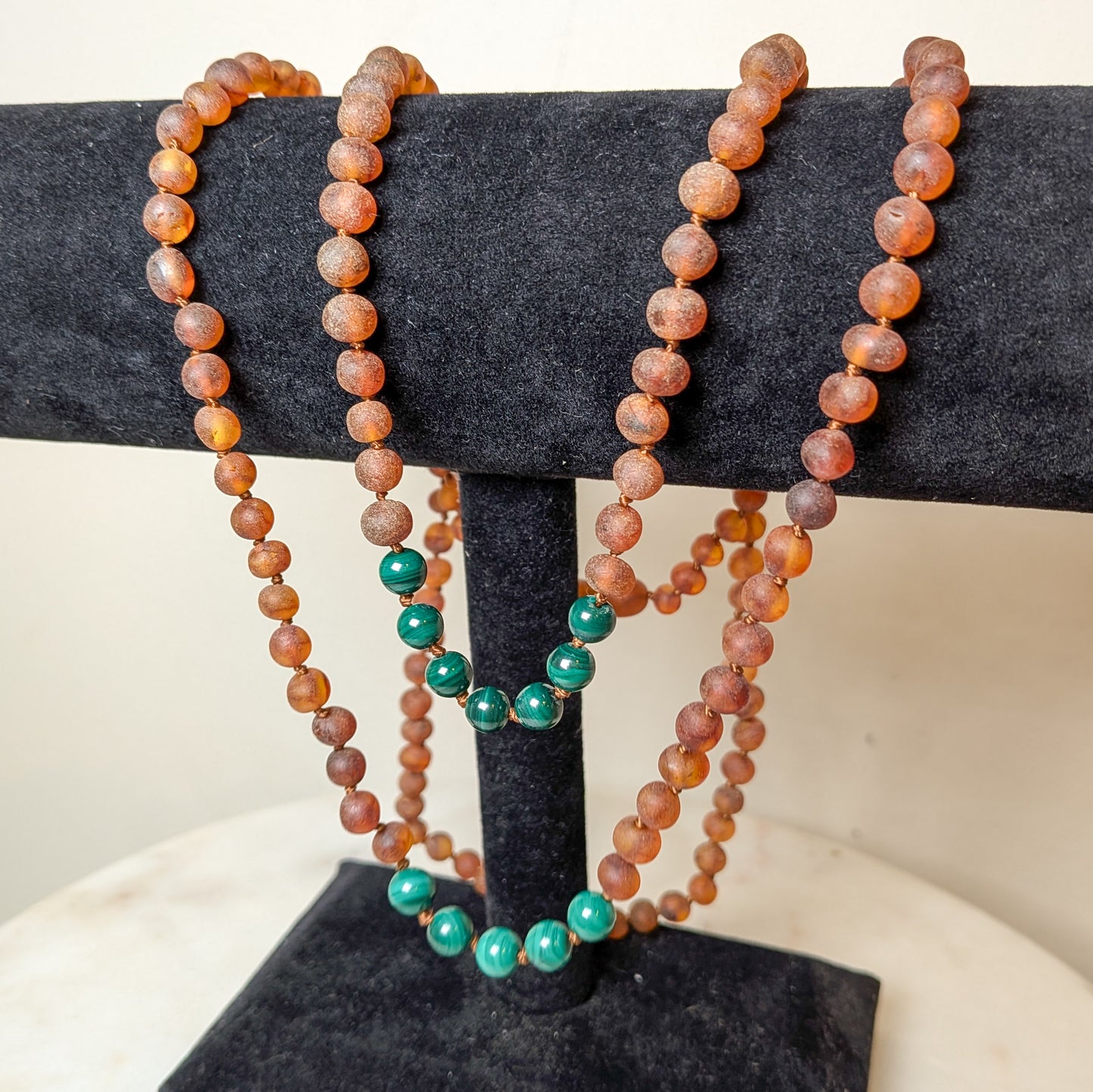 Raw Cognac Baltic Amber + Malachite || Necklace