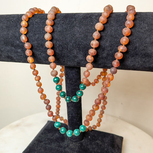 Raw Cognac Baltic Amber + Malachite || Necklace