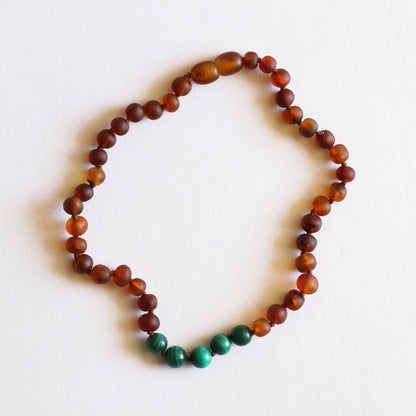 Raw Cognac Baltic Amber + Malachite || Necklace