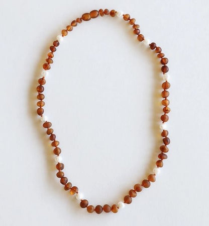 Raw Cognac Baltic Sea Amber + Pearl Halo Beaded Necklace