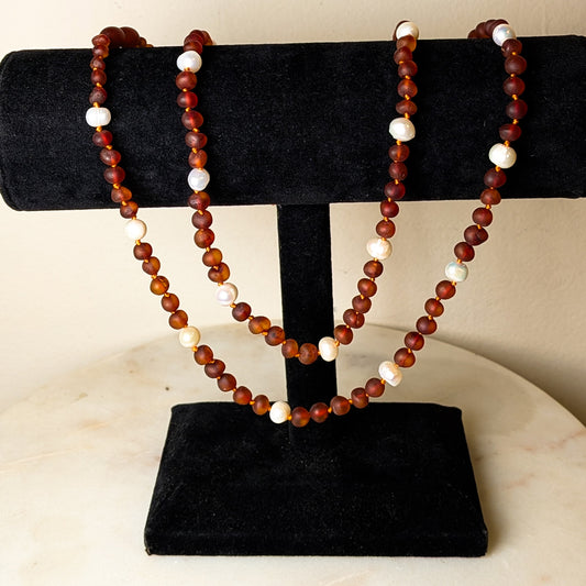 Raw Cognac Baltic Sea Amber + Pearl Halo Beaded Necklace