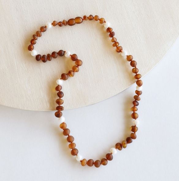 Raw Cognac Baltic Sea Amber + Pearl Halo Beaded Necklace