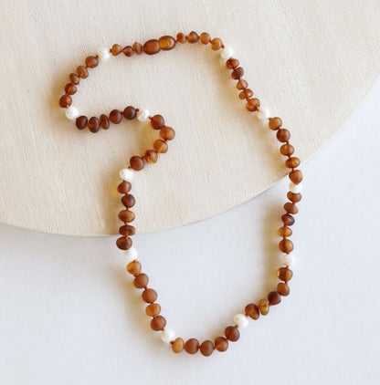 Raw Cognac Baltic Sea Amber + Pearl Halo Beaded Necklace