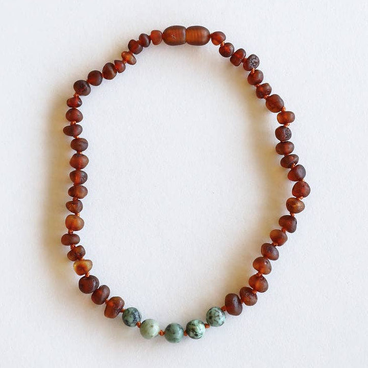 Raw Cognac Baltic Amber + Turquoise Jasper Beaded Necklace