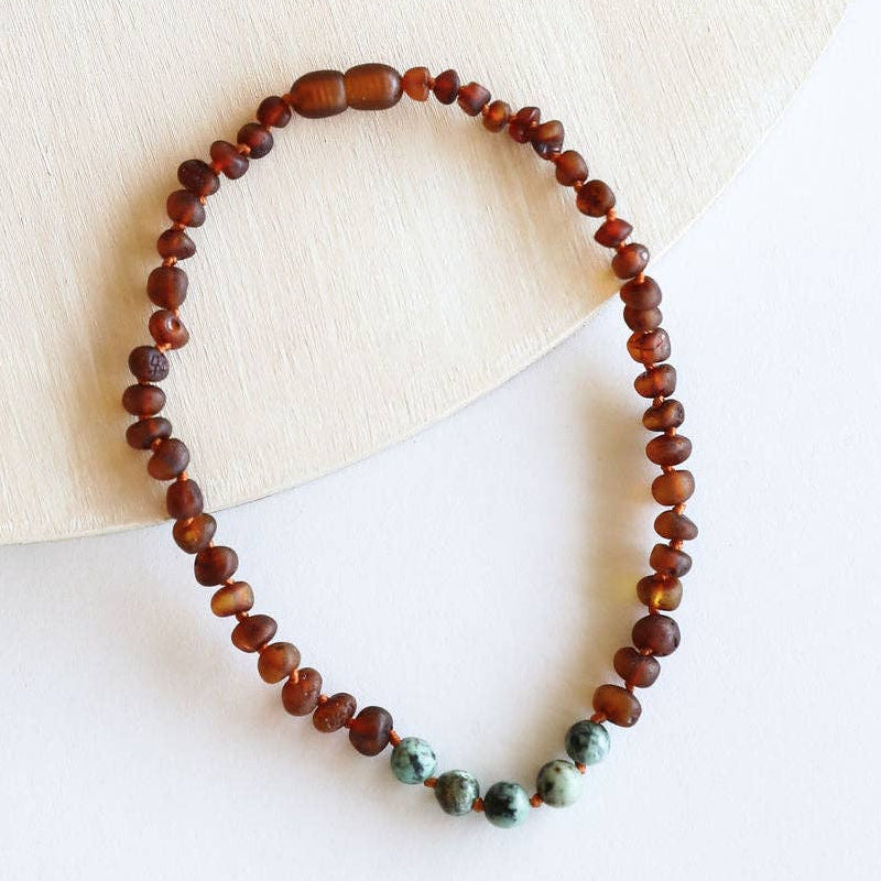 Raw Cognac Baltic Amber + Turquoise Jasper Beaded Necklace