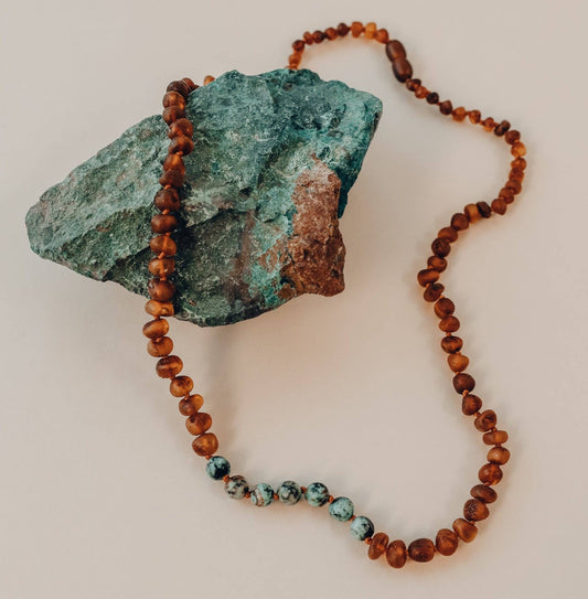Raw Cognac Baltic Amber + Turquoise Jasper Beaded Necklace