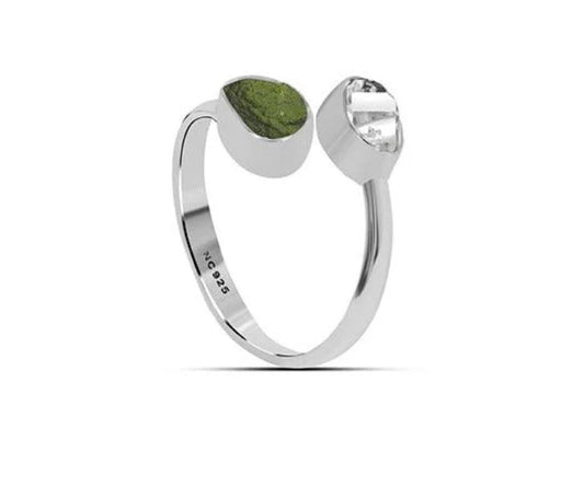 Natural Moldavite and Herkimer Diamond Ring Sterling Silver