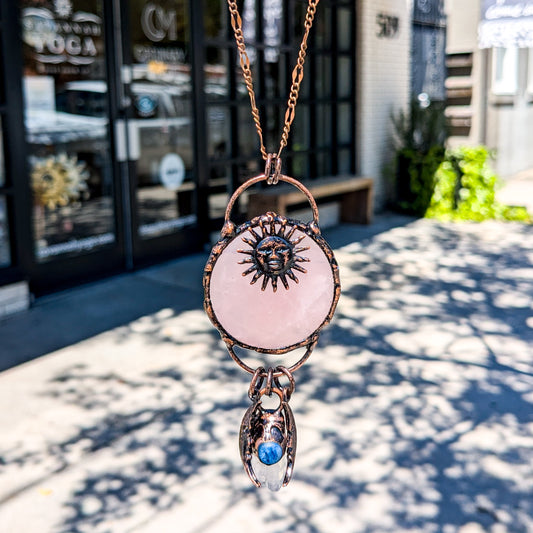 DND Rose Quartz & Clear Quartz Sun and Moon Copper Charm