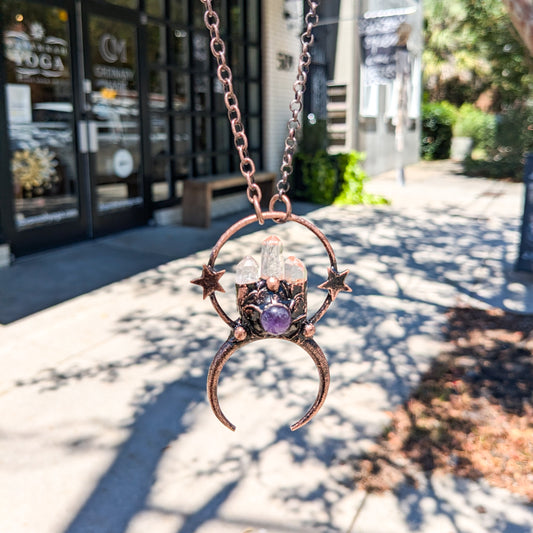 DND Clear Crystal & Amethyst Star Moon Charm Necklace