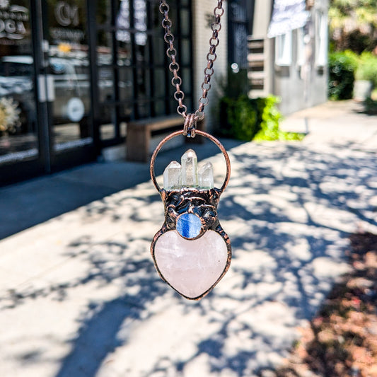 DND Rose Quartz & Blue Kyanite Heart Natural Stone Charm Necklace