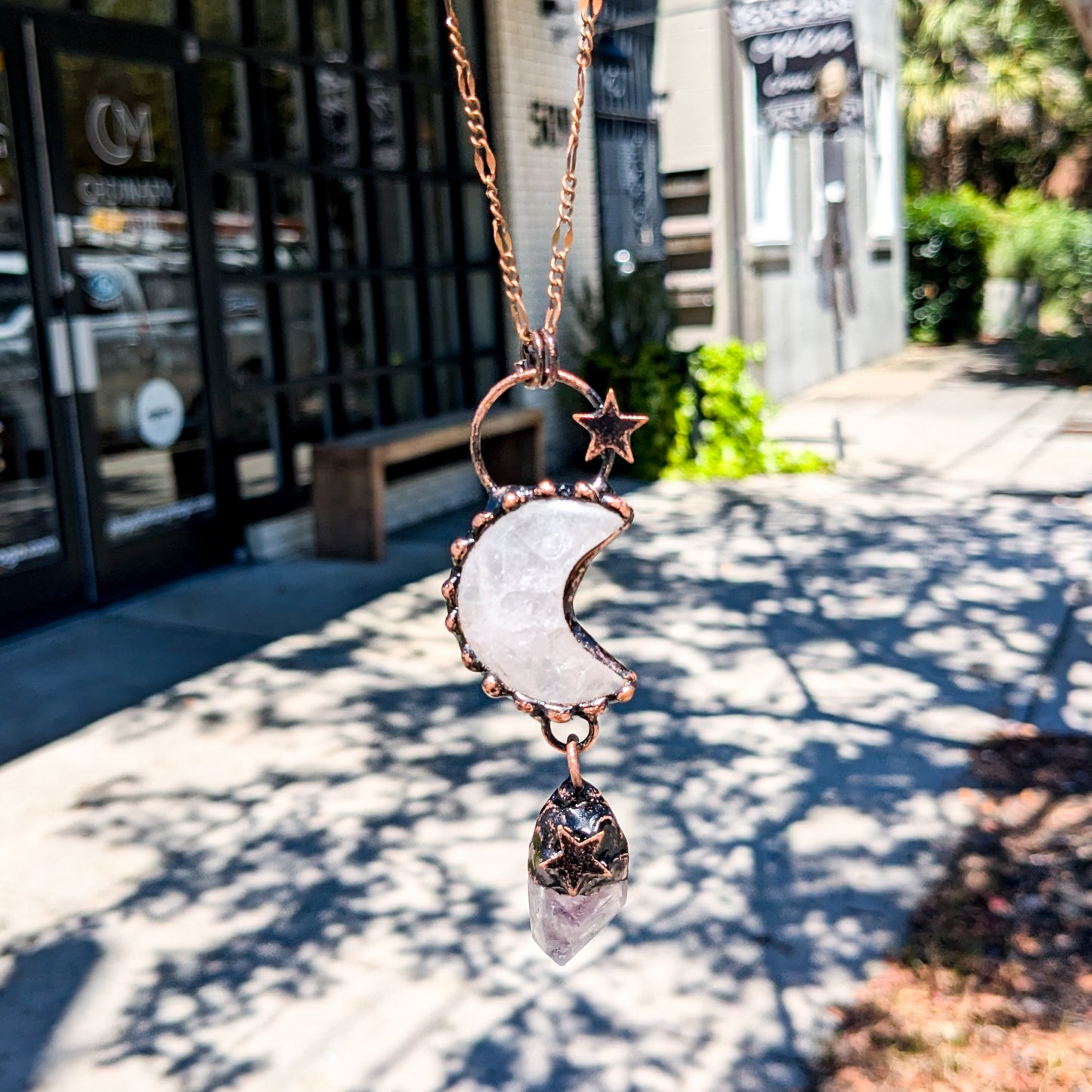 DND Rose Quartz Moon Copper Charm with Raw Amethyst