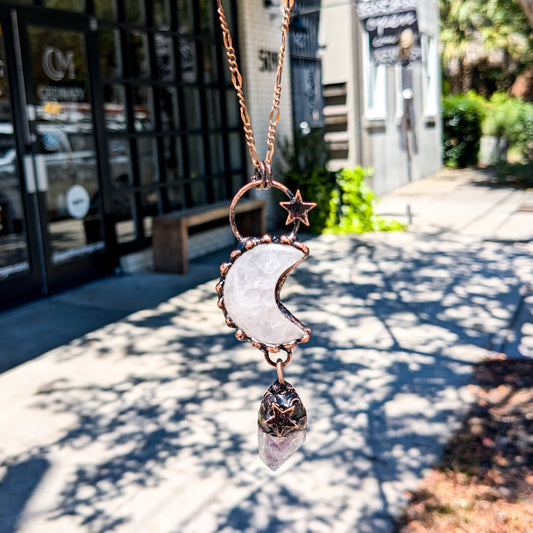 DND Rose Quartz Moon Copper Charm with Raw Amethyst