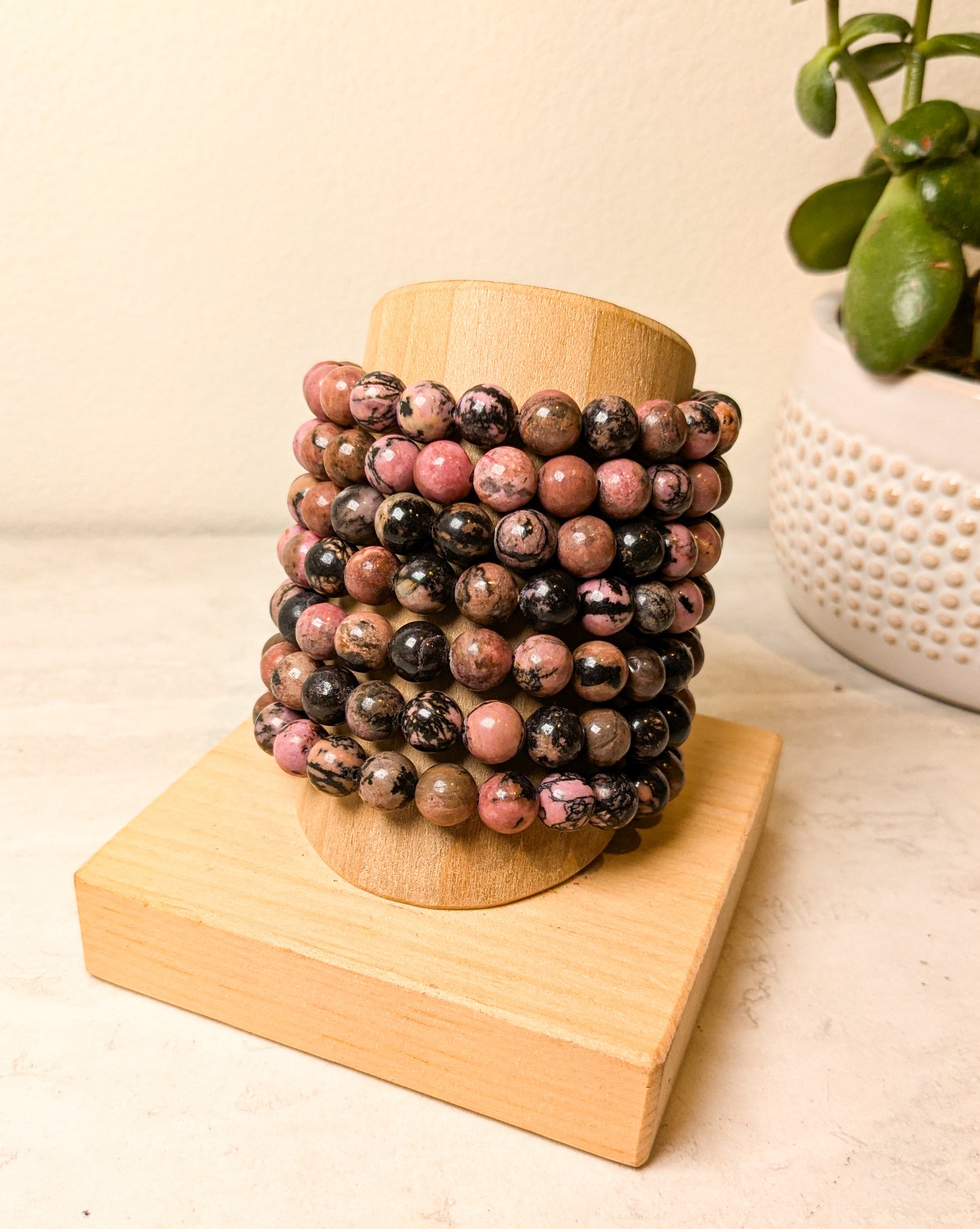 8mm Crystal Rhodonite Beaded Bracelet