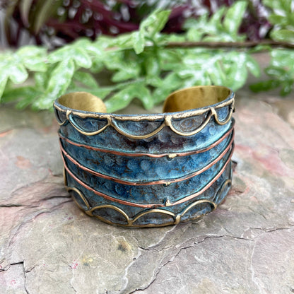 Rustic Blue Rushing River-Brass Patina Cuff Bracelet