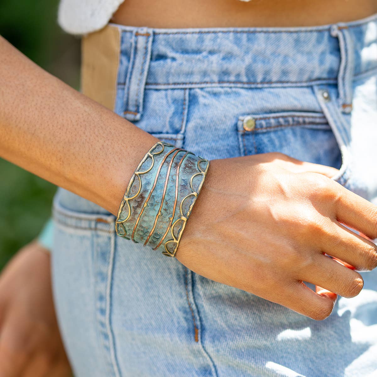 Rustic Blue Rushing River-Brass Patina Cuff Bracelet