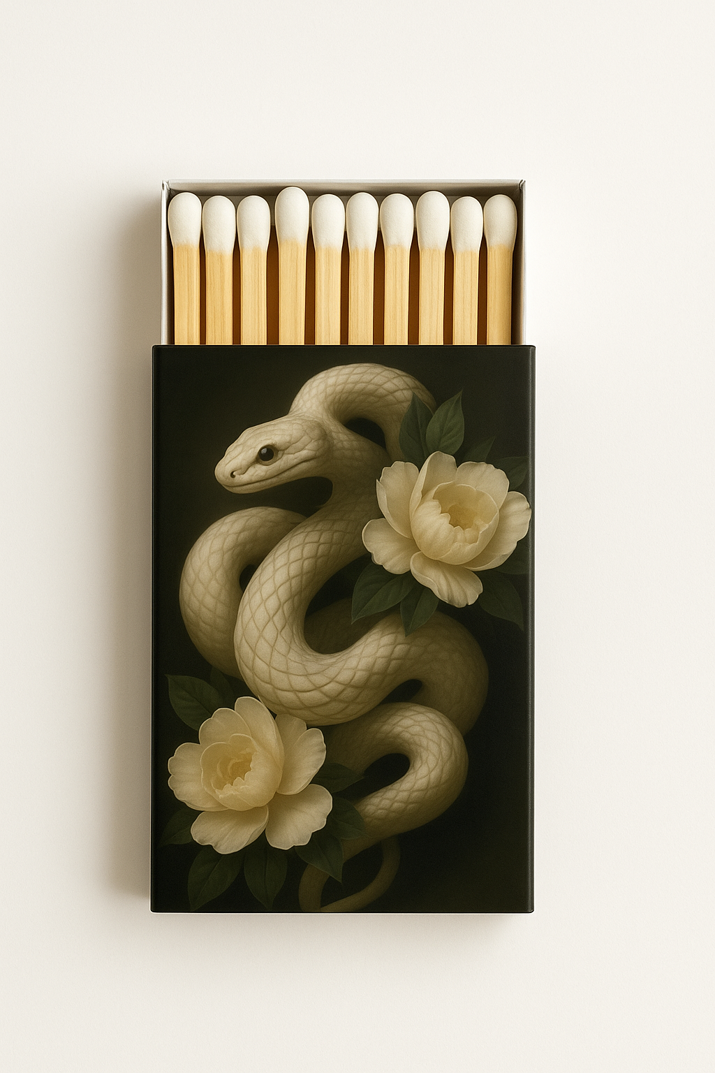 Serpent Matchbox, a black matchbox with a coiled ivory serpent, cream blossoms and green leaves on the cover, at Ordinary Magic in Savannah, GA.