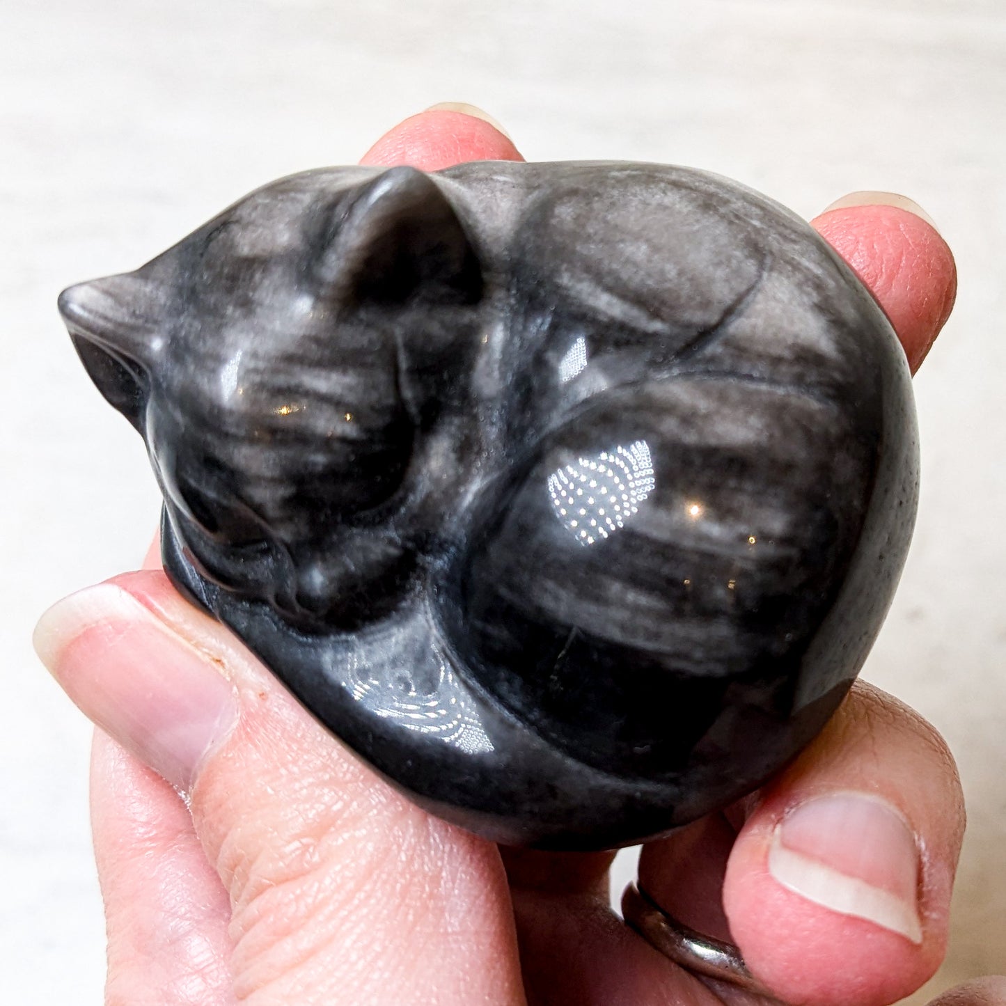 Silver Sheen Obsidian Sleeping Cat