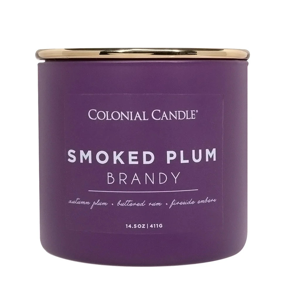 Smoked Plum Brandy three-wick jar candle with a gold lid