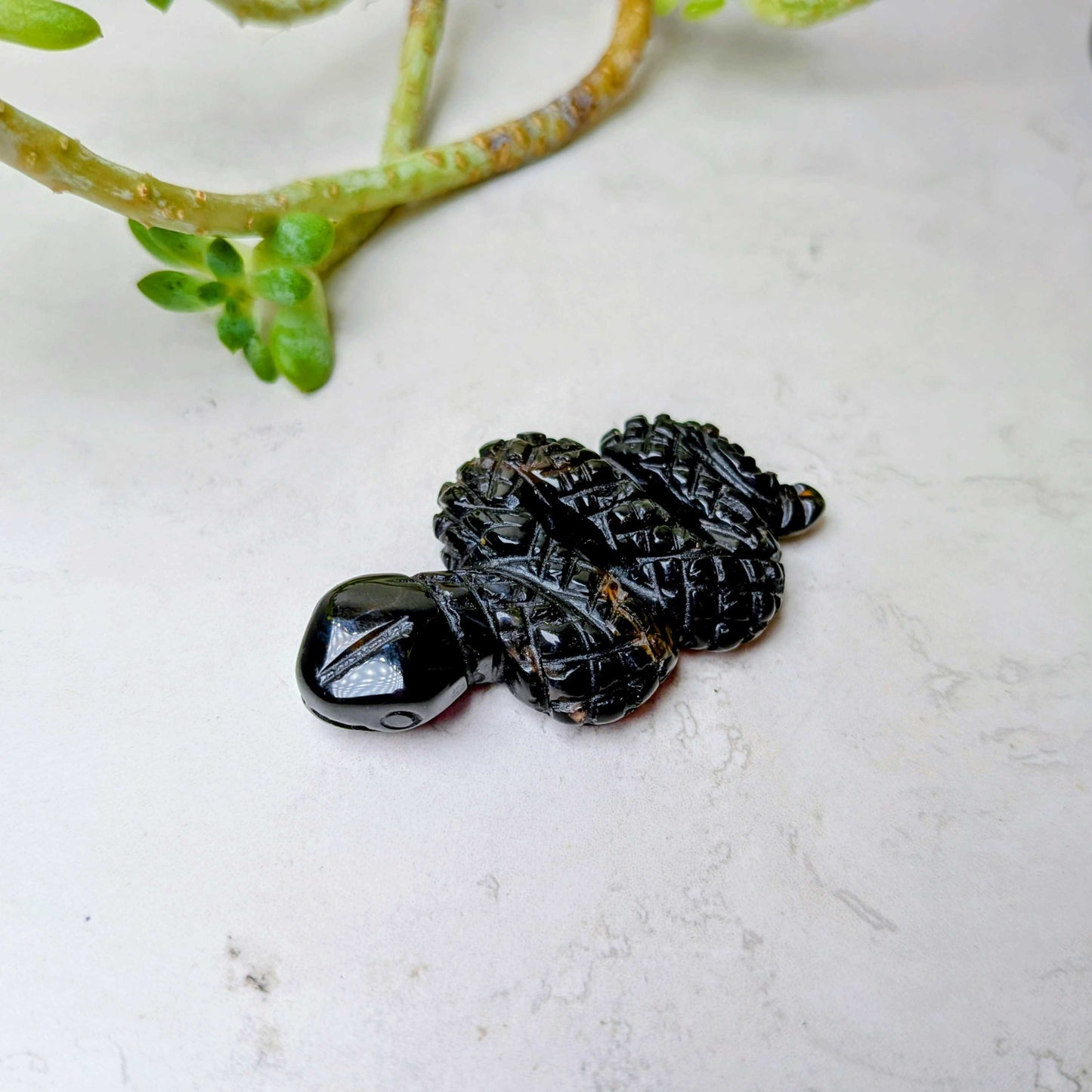 Carved crystal snake figure in black agate, at Ordinary Magic in Savannah, GA.