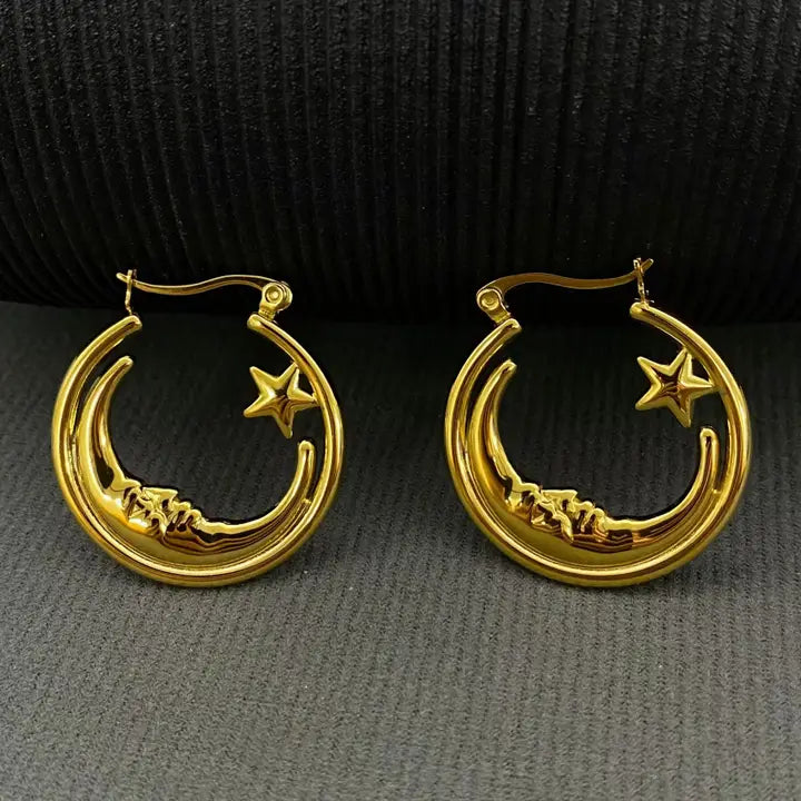 Moon Star Gold Plated Hoop Earrings