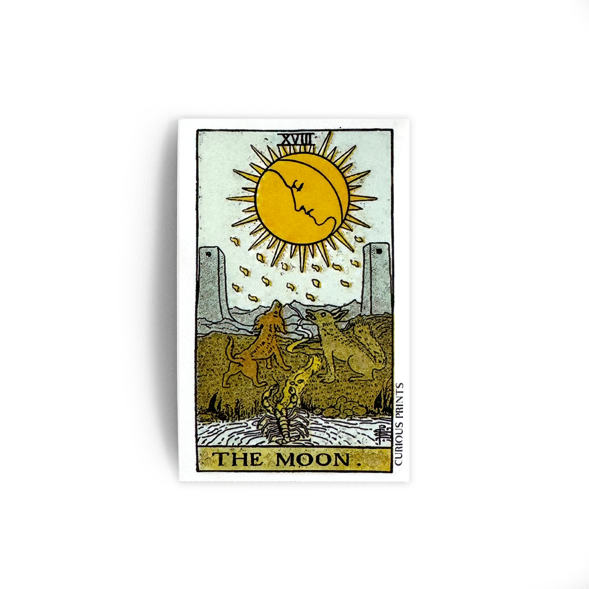 Tarot card titled 'The Moon' with a sun and three women under a moonlit sky.