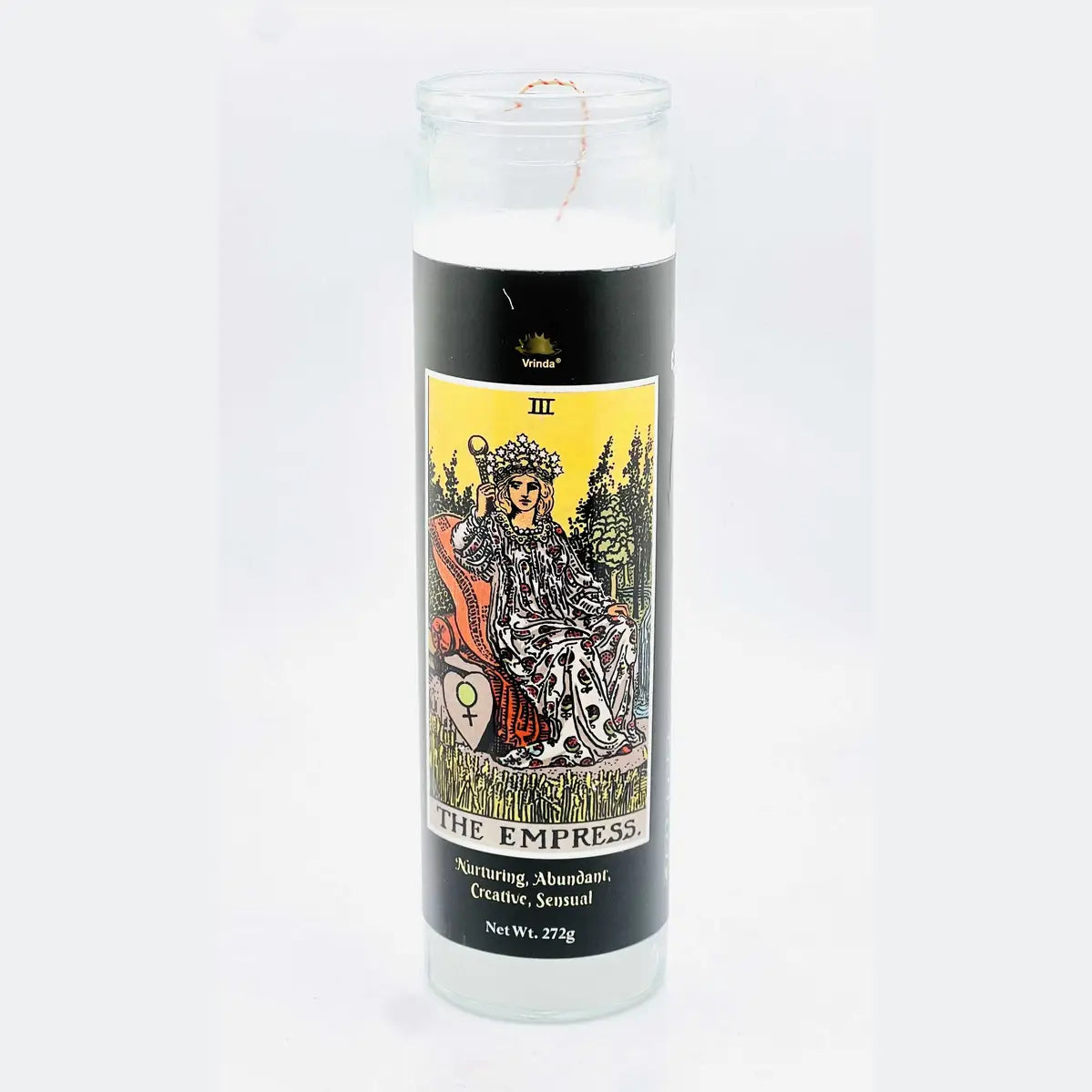7 day tarot candle in glass jar with tarot card imagery, view 5.