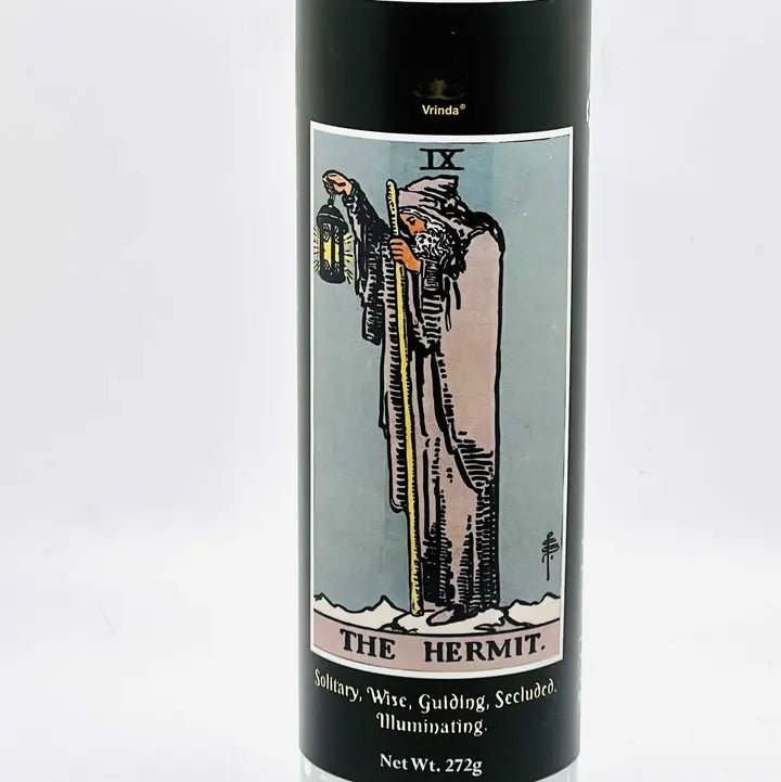 7 day tarot candle in glass jar with tarot card imagery, view 6.