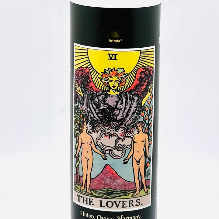 7 day tarot candle in glass jar with tarot card imagery, view 2.