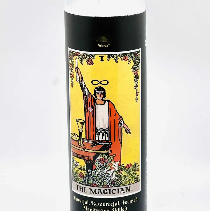 7 day tarot candle in glass jar with tarot card imagery, view 9.