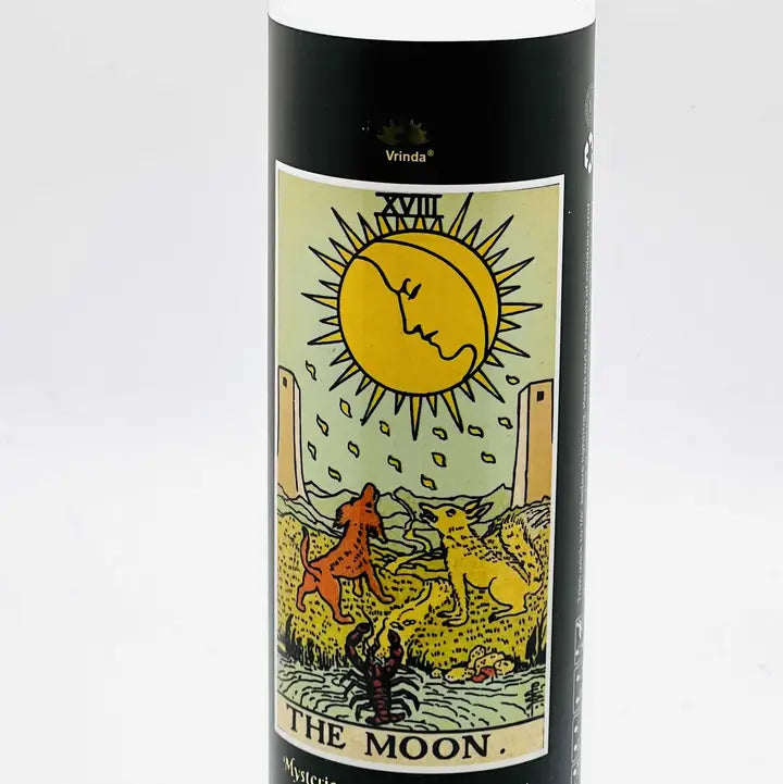 7 day tarot candle in glass jar with tarot card imagery, view 3.