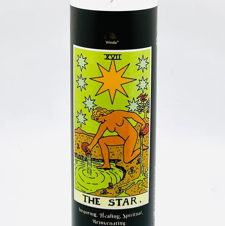 7 day tarot candle in glass jar with tarot card imagery, view 8.