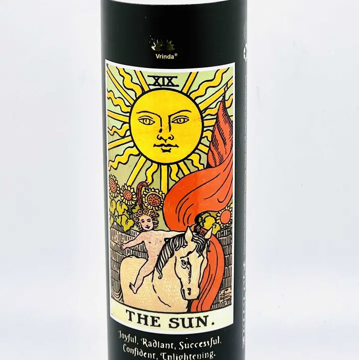 7 day tarot candle in glass jar with tarot card imagery, view 4.