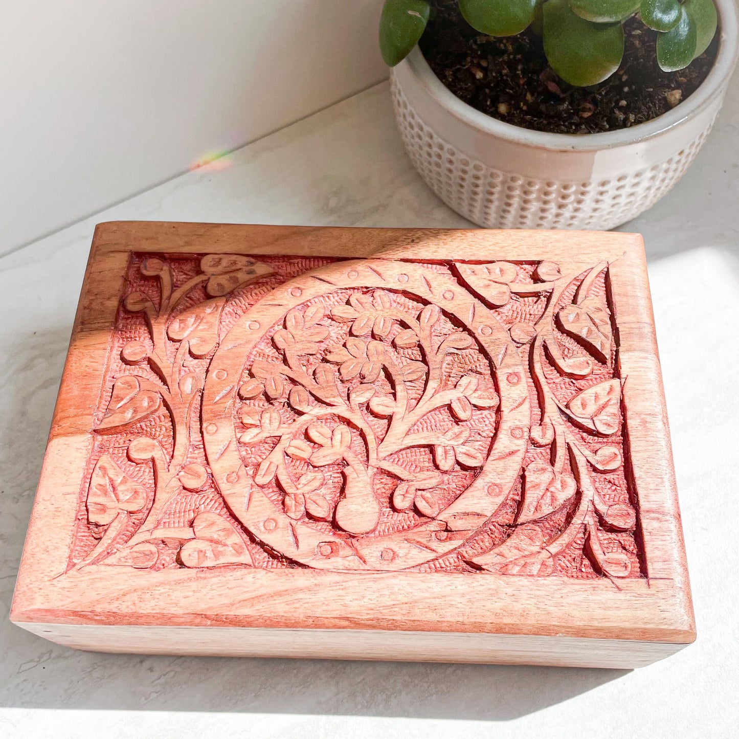 Tree of Life Carved Wooden Box w/ Velvet Interior