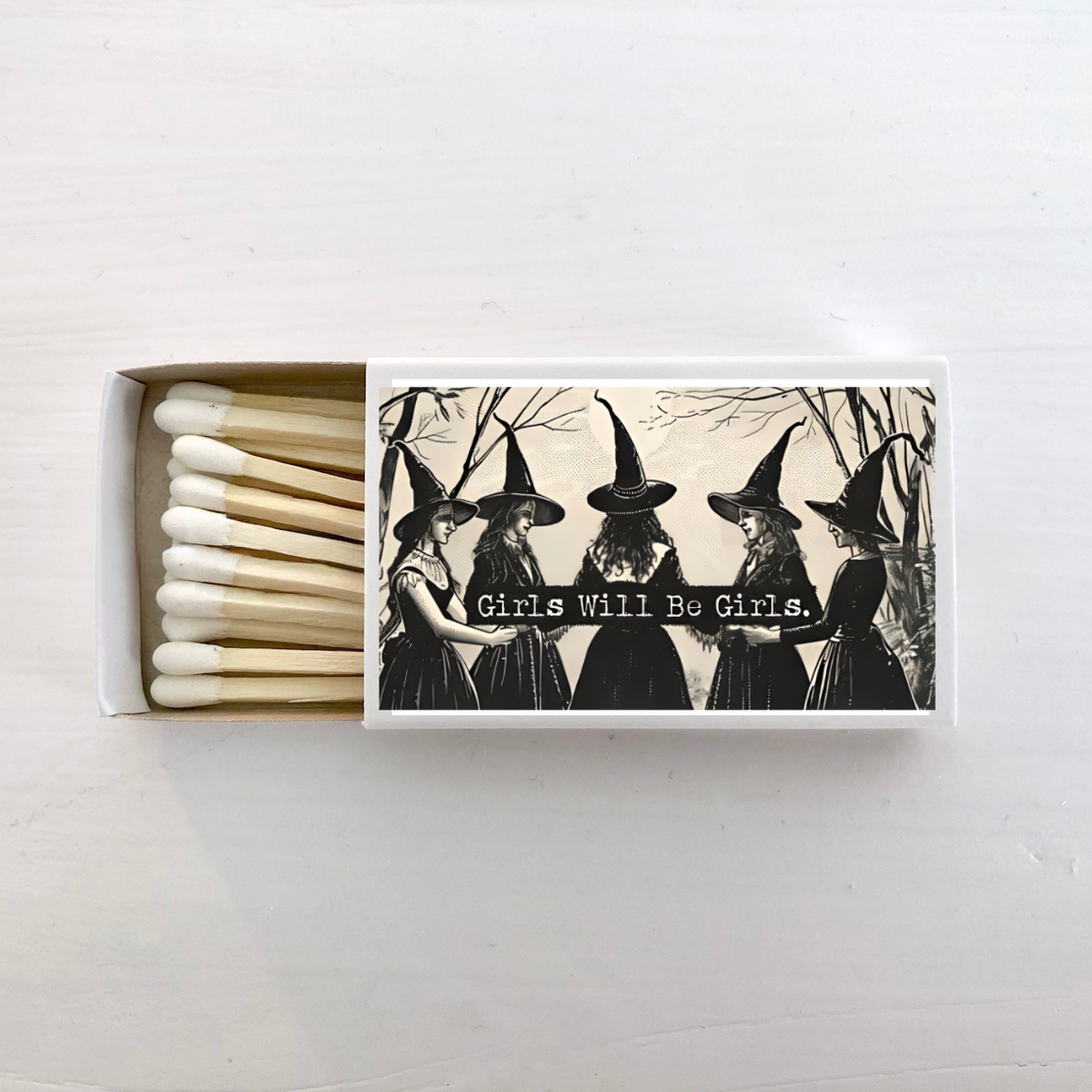 Girls Will Be Girls matchbox with witch illustrations, by Lunastry, at Ordinary Magic in Savannah, GA.