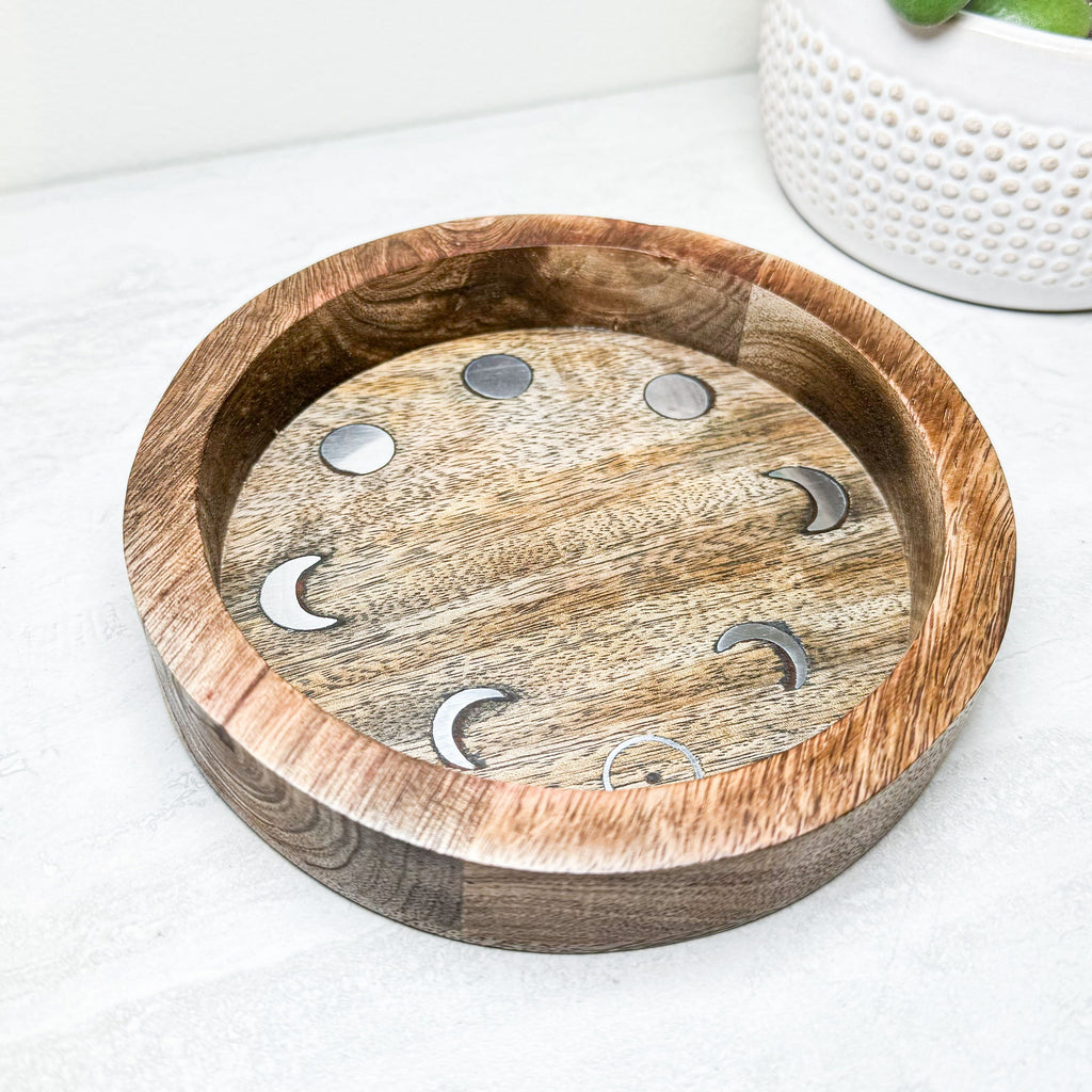 Wood Round Tray with Moon Phases