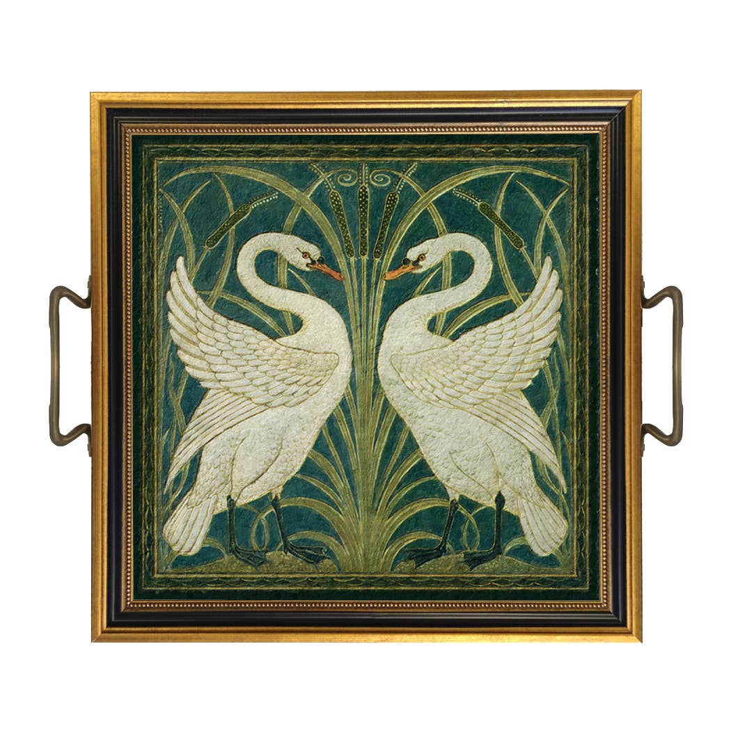 Two White Swans Decorative Tray with Brass Handles: Small