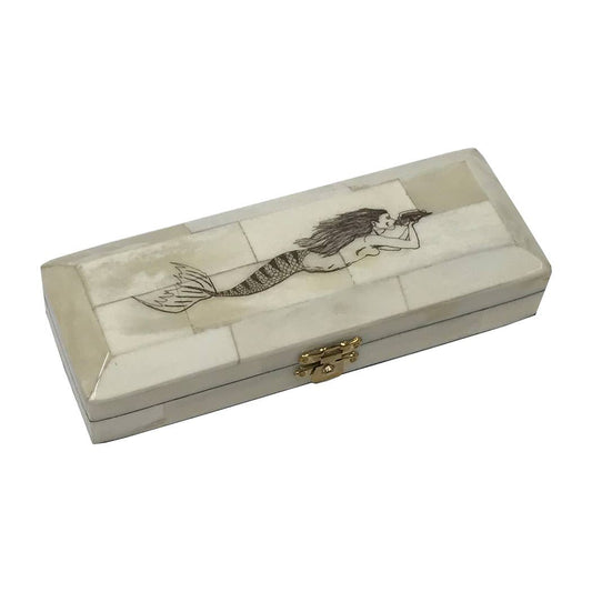 Mermaid Scrimshaw Postage Stamp Bone Box 6-1/2"